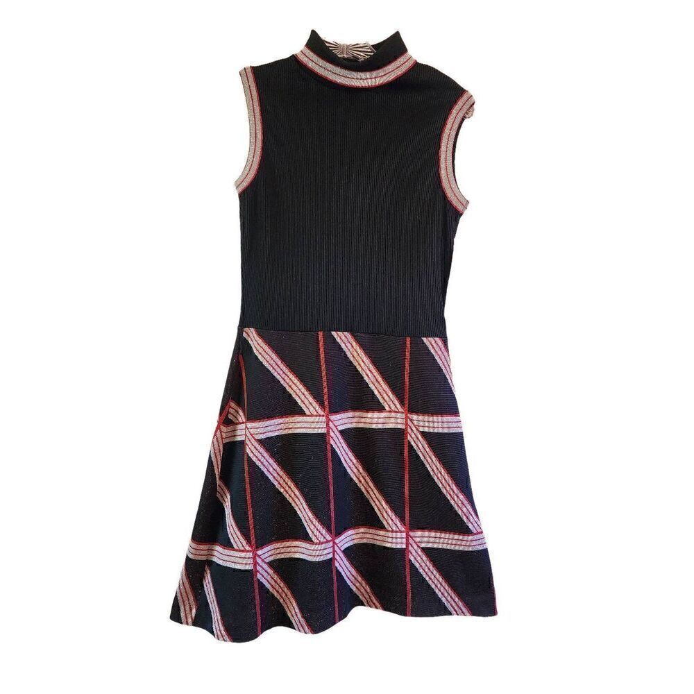 Vintage Monsanto NWT  mock turtleneck shimmer skater dress silver black and red